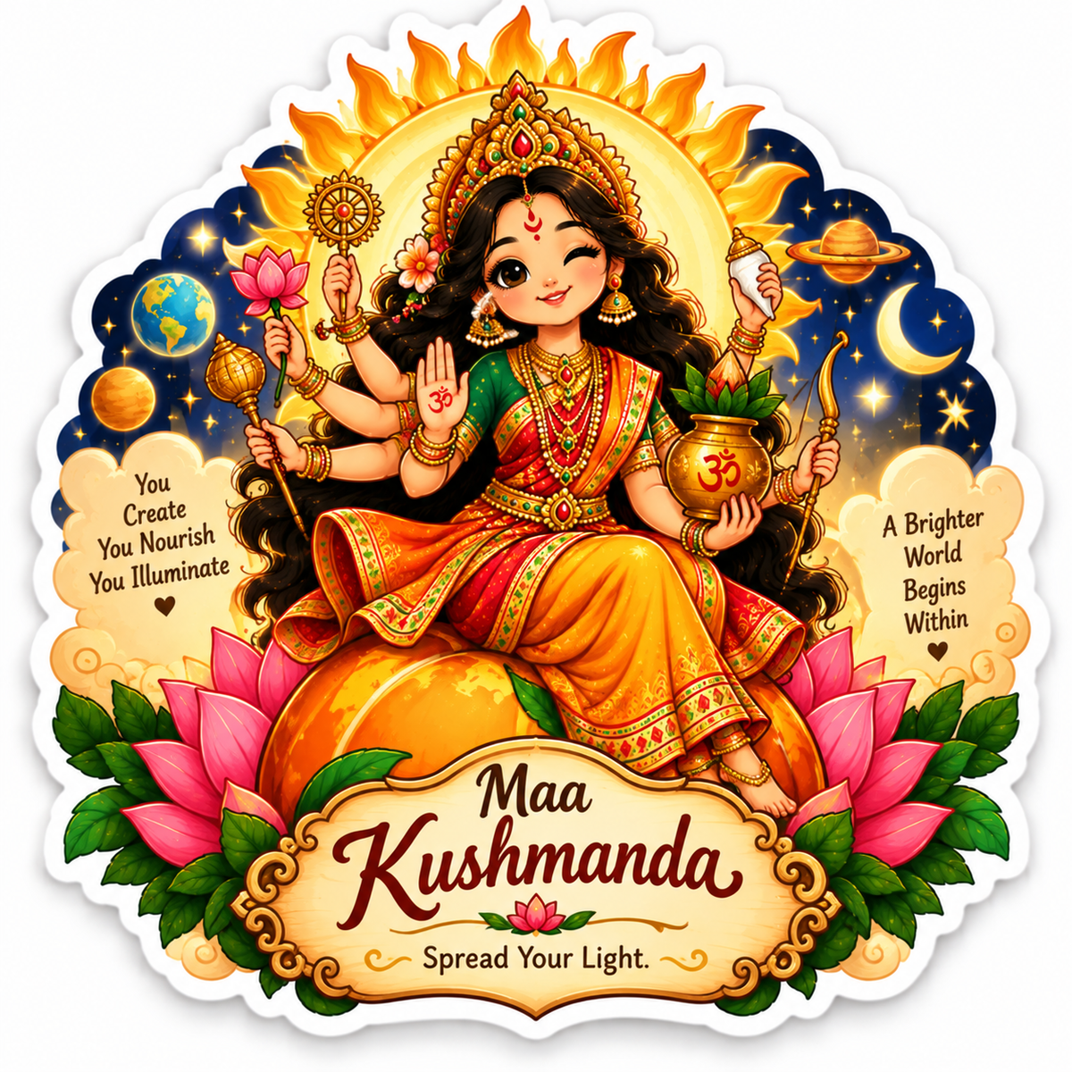 Maa Skandamata with child Skanda and lion surrounded by pink lotuses