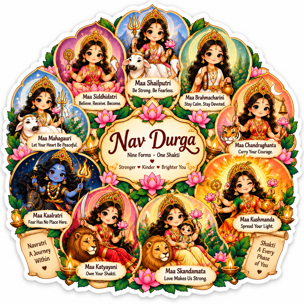 Cute Maa Rani with lion, trishul, lotus and Jai Mata Di devotional blessing design