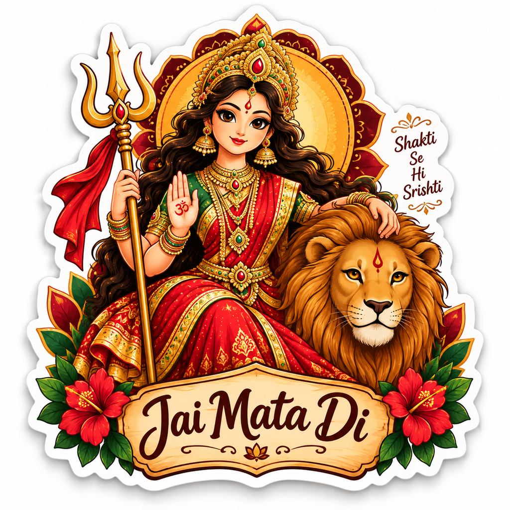 Mata Rani seated with lion and trishul on a Jai Mata Di Navratri magnet