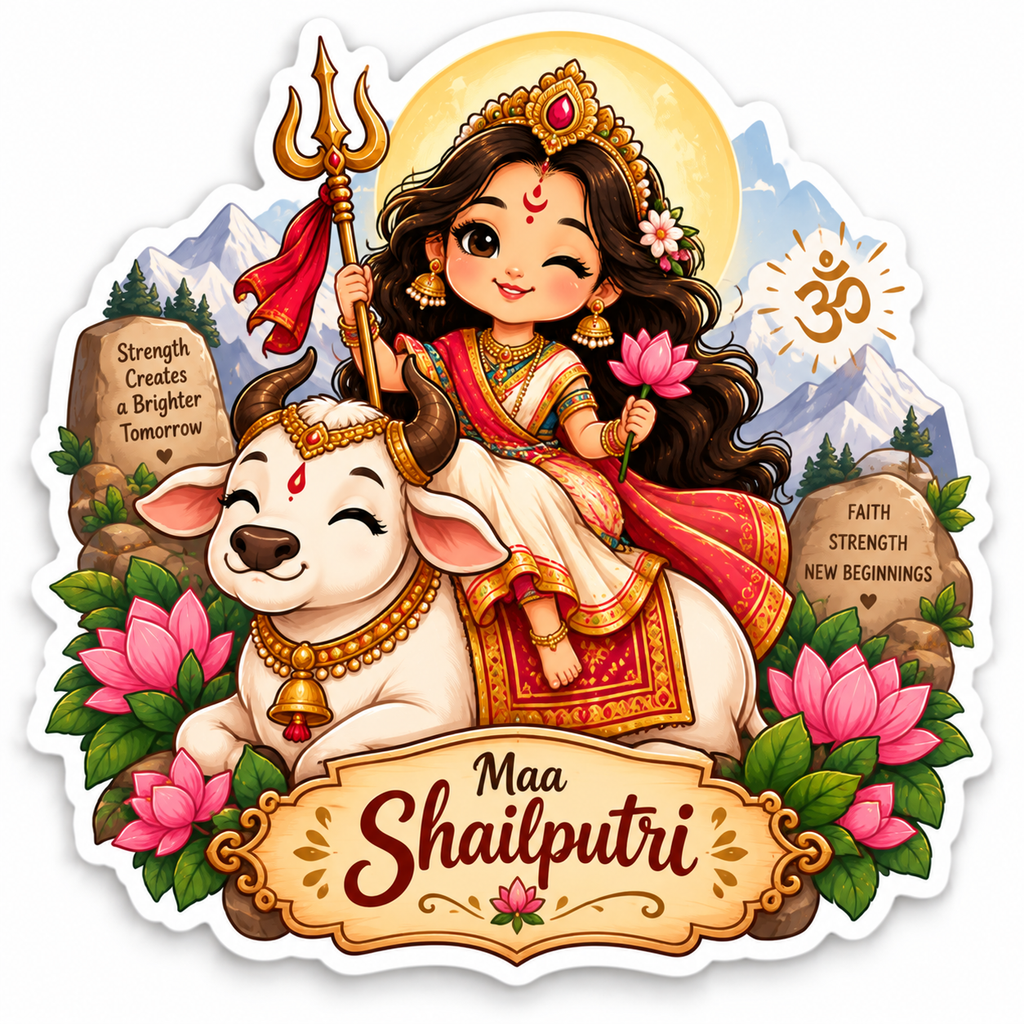 Maa Brahmacharini in white attire holding a kamandalu with Navratri decor