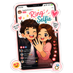 Illustration of a smartphone showing a 'Ring Selfie' with cartoon characters celebrating a proposal.