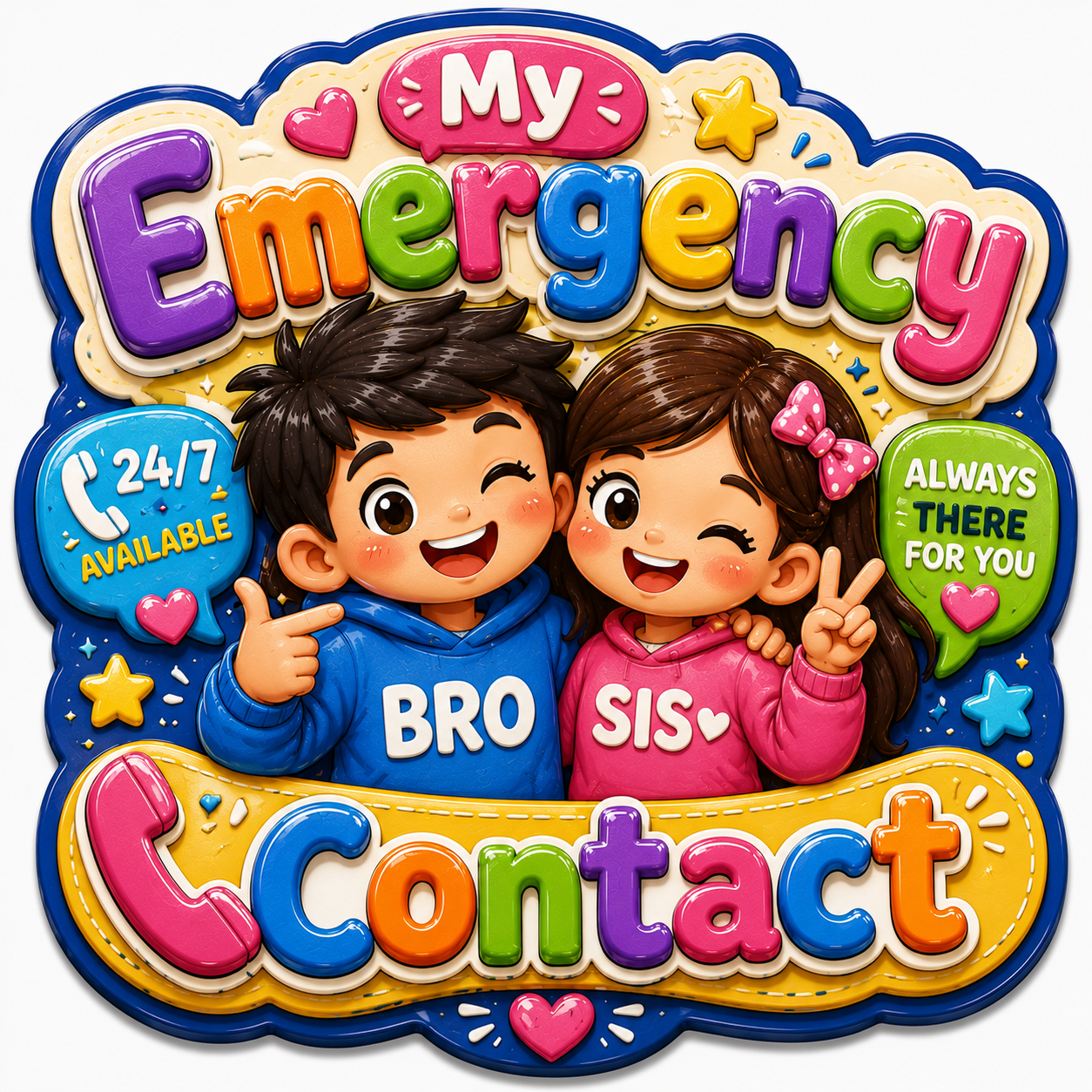 Brother and sister emergency contact themed fridge magnet.