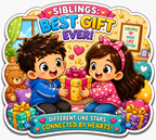 Cute siblings sharing gifts fridge magnet.