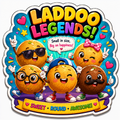 Cute laddoo legends fridge magnet with cartoon sweets.