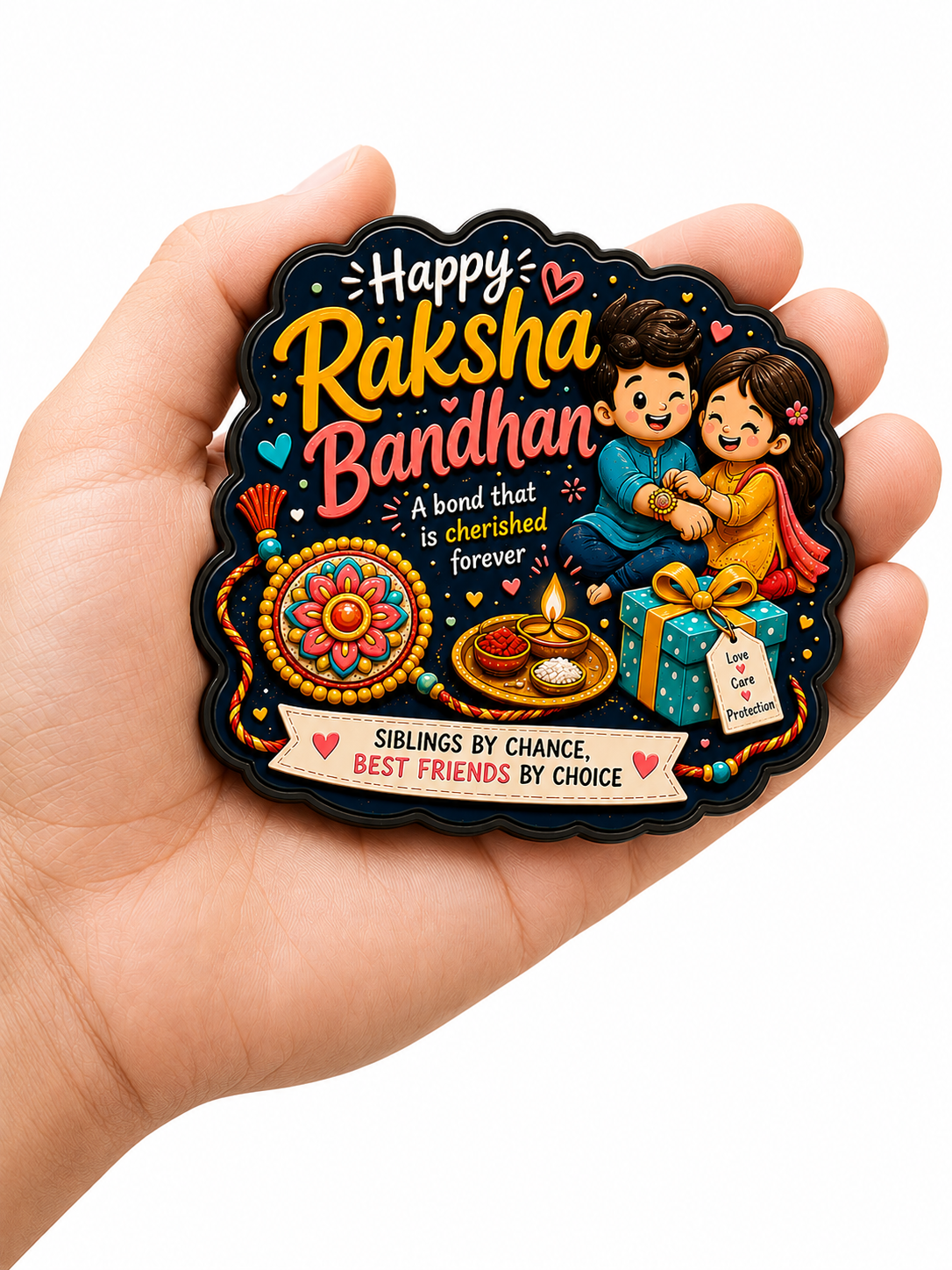 Decorative Fridge Magnet for Raksha Bandhan held in a hand, featuring two children holding hands with text and symbols.