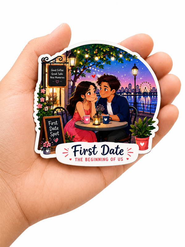 Fridge Magnet of a couple on a first date with a Ferris wheel in the background held in a hand.