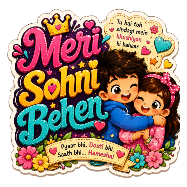 Colorful sticker with cartoon characters hugging and text in a decorative style.