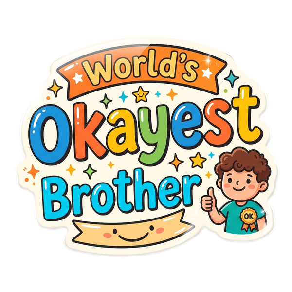 World's Okayest Brother fridge magnet featuring a colorful typography design and cute brother illustration