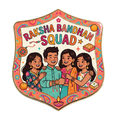 Illustration of four children with 'Raksha Bandhan Squad' text and traditional elements on a colorful background.
