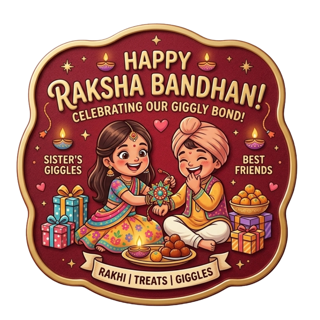 Illustration of two children celebrating Raksha Bandhan with text and symbols.