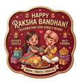 Illustration of two children celebrating Raksha Bandhan with text and symbols.