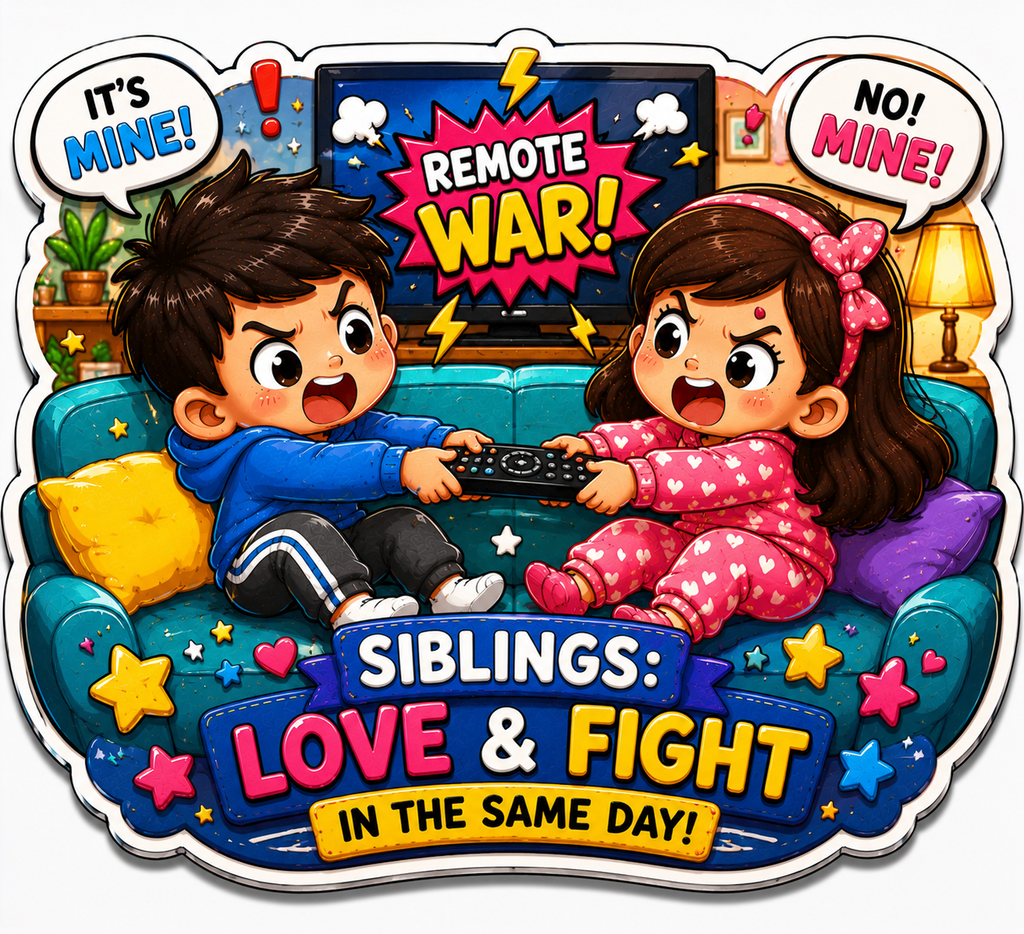 Cartoon children playing video games with text 'Remote War!' and 'Siblings: Love & Fight in the Same Day!' on a blue couch.