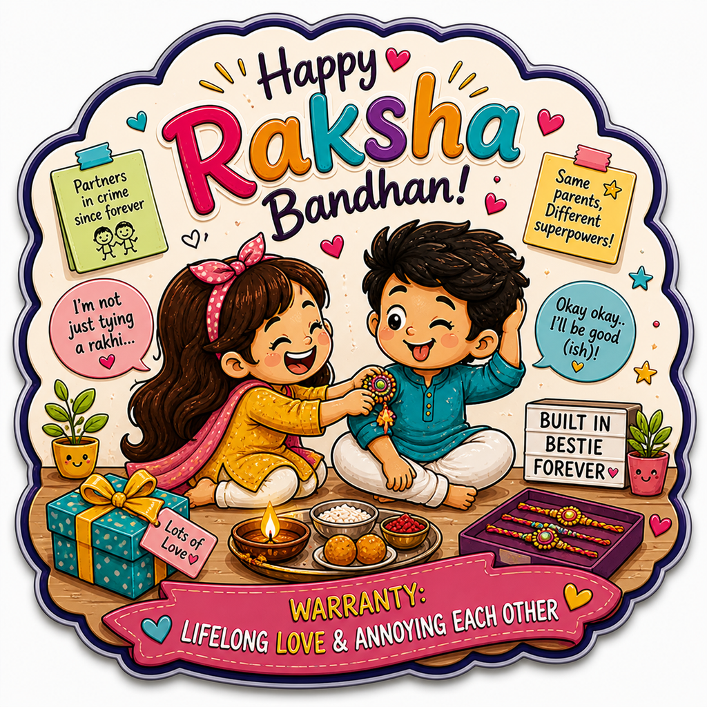 Cute sibling Raksha Bandhan magnet with brother and sister and warranty of lifelong love and annoying each other.