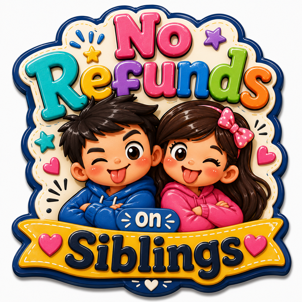 Humorous brother and sister fridge magnet saying no refunds on siblings.
