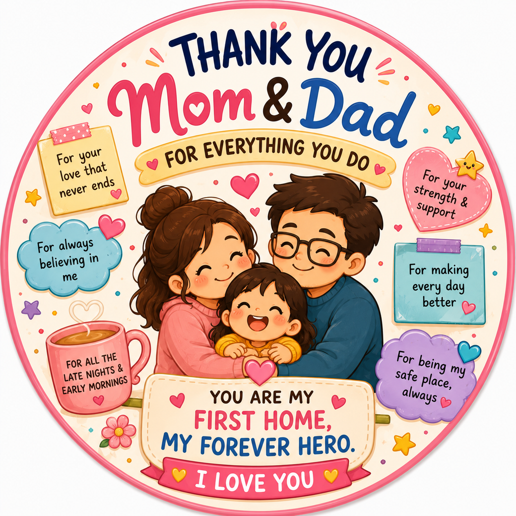 Thank You Mom and Dad fridge magnet featuring a loving family illustration and heartfelt appreciation message.