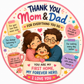 Thank You Mom and Dad fridge magnet featuring a loving family illustration and heartfelt appreciation message.