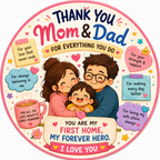 Thank You Mom and Dad fridge magnet featuring a loving family illustration and heartfelt appreciation message.