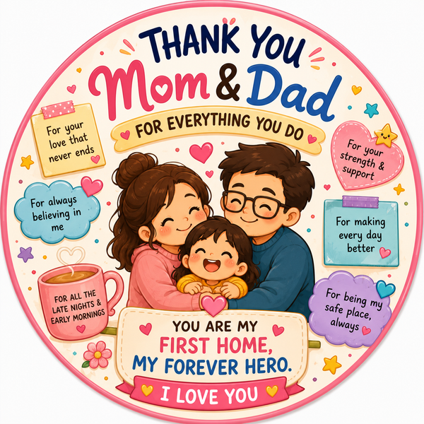 Thank You Mom and Dad fridge magnet featuring a loving family illustration and heartfelt appreciation message.