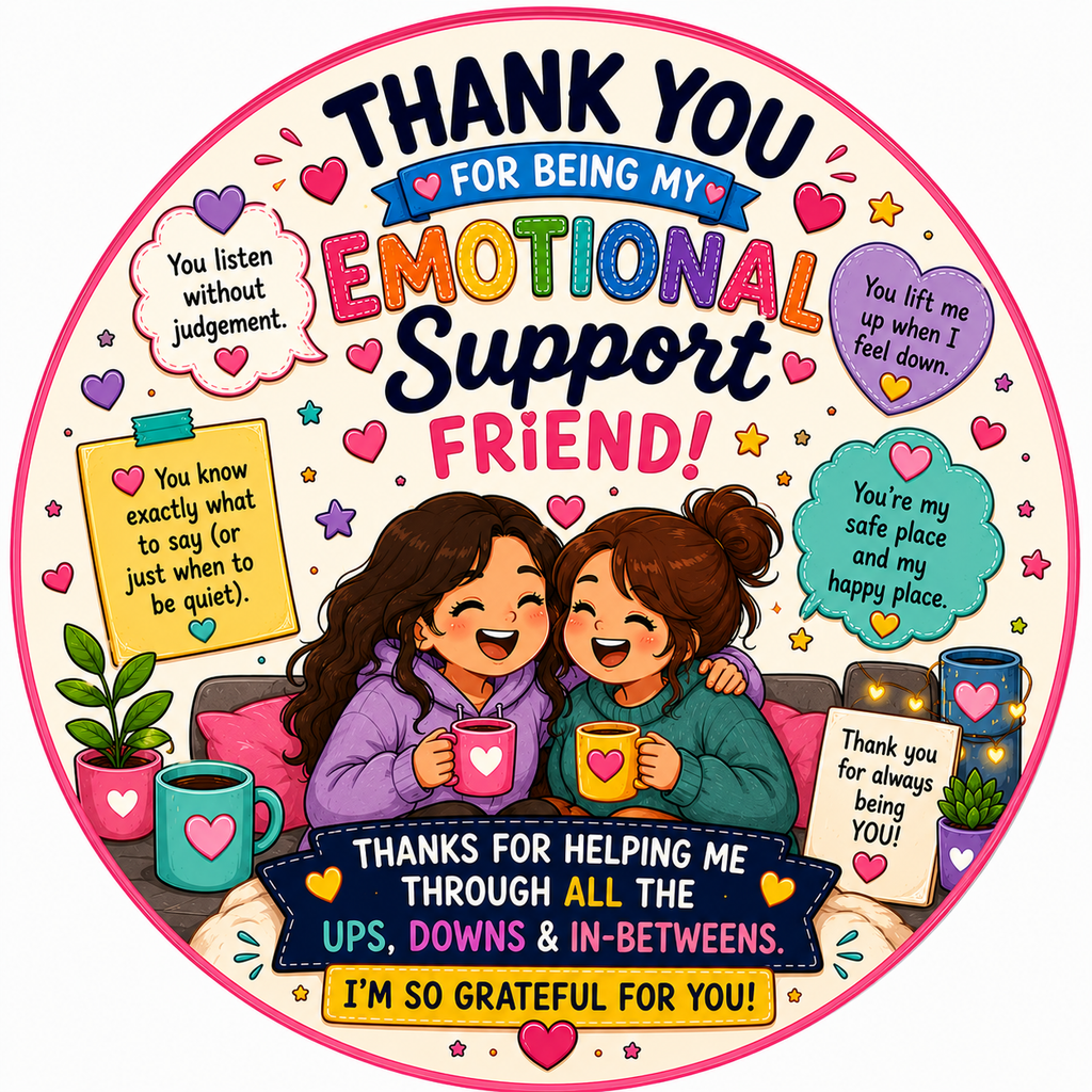 Emotional Support Friend thank you MDF fridge magnet featuring cheerful best friends artwork.