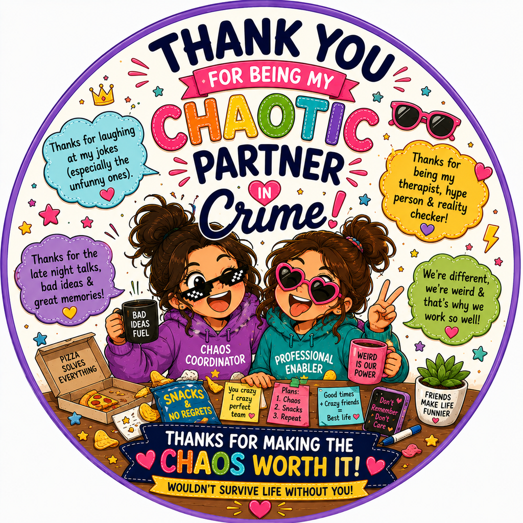 Funny Partner in Crime thank you fridge magnet with colorful friendship artwork.