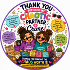 Funny Partner in Crime thank you fridge magnet with colorful friendship artwork.
