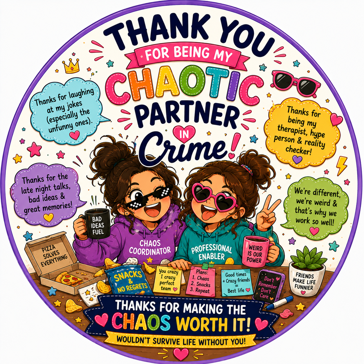 Funny Partner in Crime thank you fridge magnet with colorful friendship artwork.