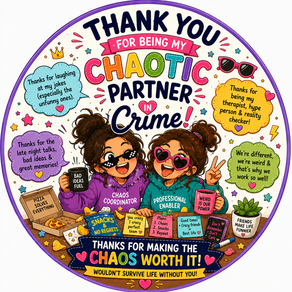 Funny Partner in Crime thank you fridge magnet with colorful friendship artwork.