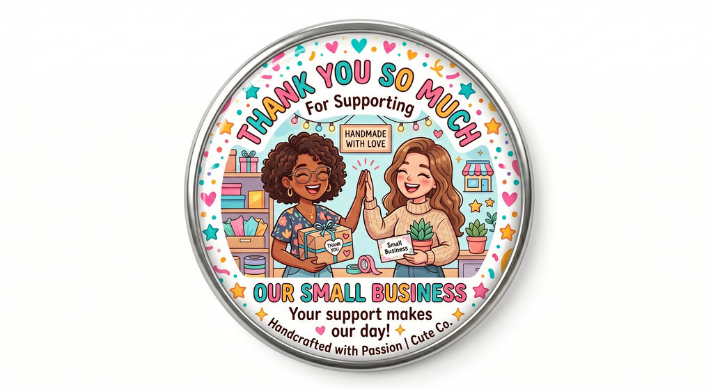 Thank You So Much for Supporting Our Small Business MDF fridge magnet featuring happy shop owners.