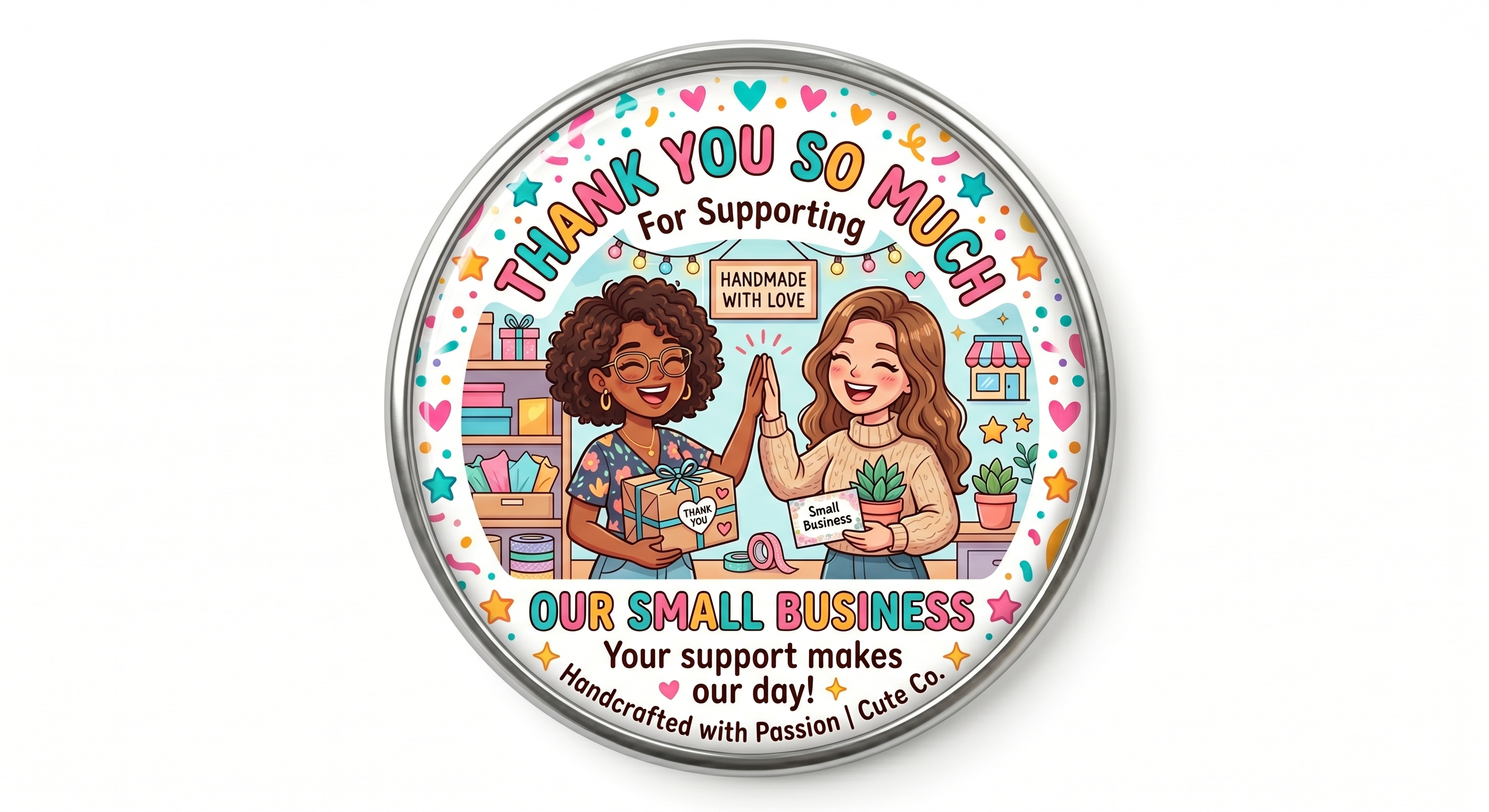 Thank You So Much for Supporting Our Small Business MDF fridge magnet featuring happy shop owners.