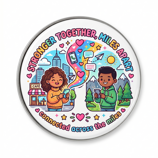 Stronger Together Miles Apart MDF fridge magnet showing friends connected across distance.