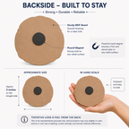 Backside infographic of MDF fridge magnet showing sturdy wooden back, strong round magnet, approximate size reference, and in-hand scale view.