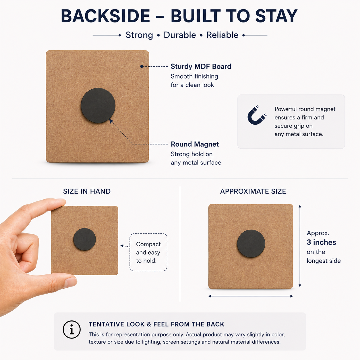 Product description of a magnetic square with round magnet on backside, showing features and dimensions.