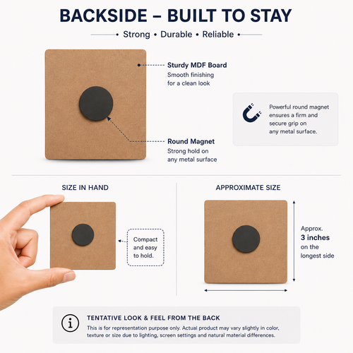 Product description of a magnetic square with round magnet on backside, showing features and dimensions.