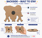 Product description of a cardboard piece with a round magnet, highlighting features like sturdiness and durability.