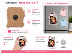 Product packaging for a magnet with features and usage examples on a refrigerator.