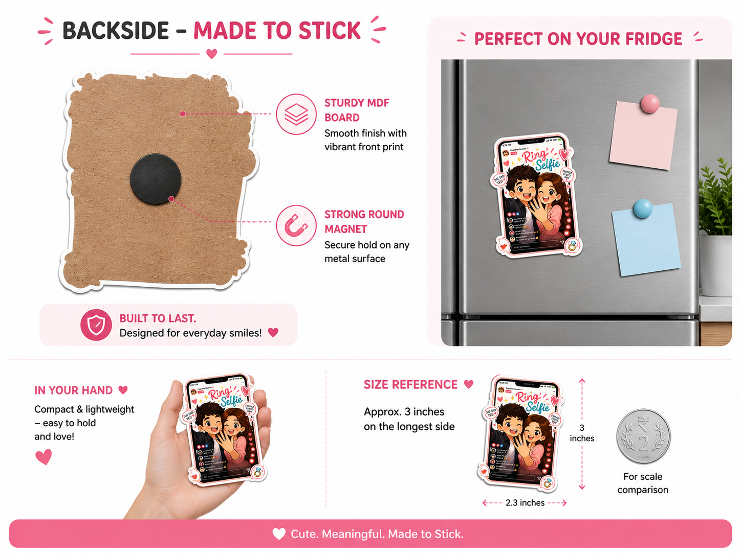Product packaging for a magnet with features and usage examples on a refrigerator.