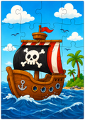Pirate ship wooden puzzle on the ocean.