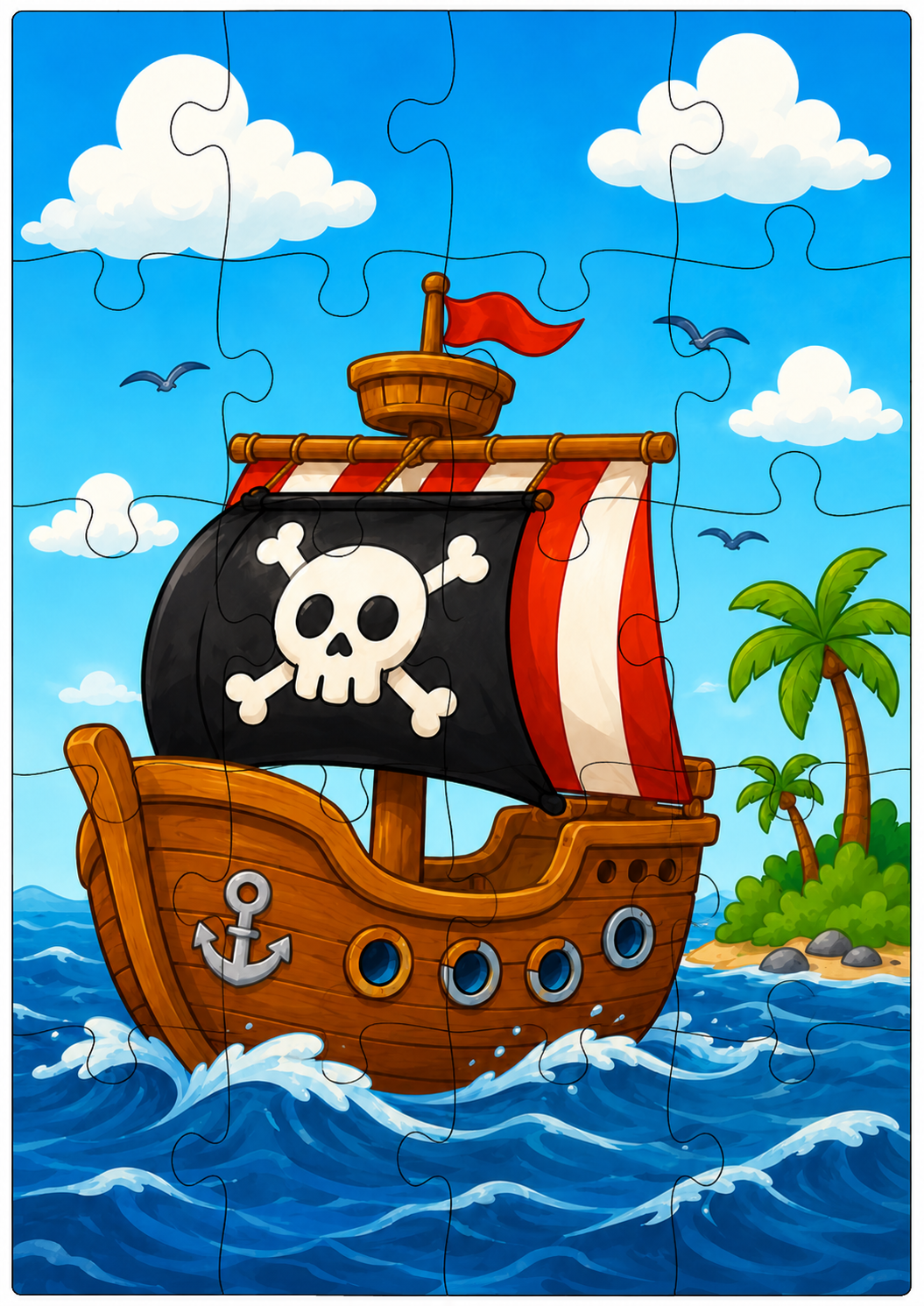 Pirate ship wooden puzzle on the ocean.
