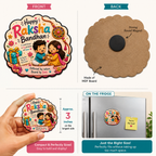 Happy Raksha Bandhan magnet with front and back views, held by a hand, and displayed on a fridge.