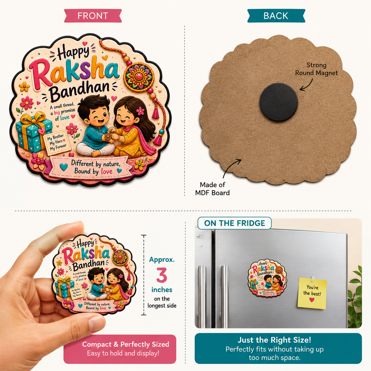 Happy Raksha Bandhan magnet with front and back views, held by a hand, and displayed on a fridge.