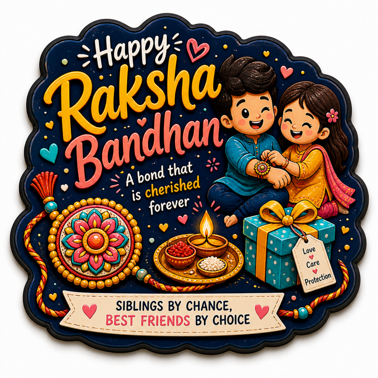 Raksha Bandhan fridge magnet with cute brother sister artwork and festive design.