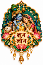 Krishna and Radha with a flute, peacock feathers, lotus flowers and Shubh Labh lettering in an ornate gold frame
