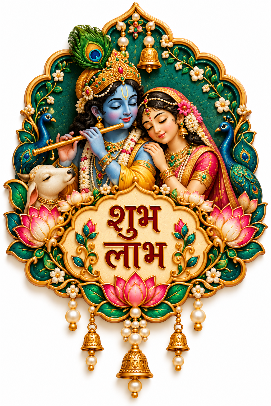 Krishna and Radha with a flute, peacock feathers, lotus flowers and Shubh Labh lettering in an ornate gold frame