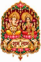 Lord Ganesha and Goddess Lakshmi seated among pink lotuses, diyas and gold ornaments with Shubh Labh lettering