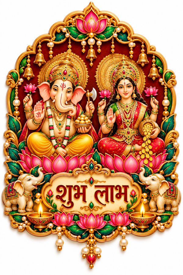 Lord Ganesha and Goddess Lakshmi seated among pink lotuses, diyas and gold ornaments with Shubh Labh lettering