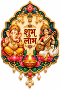 Lord Ganesha and Goddess Saraswati with a veena, white swan, pink lotus flowers and Shubh Labh text