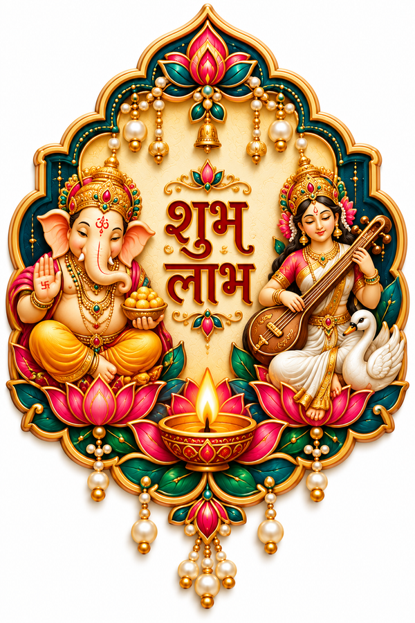 Lord Ganesha and Goddess Saraswati with a veena, white swan, pink lotus flowers and Shubh Labh text