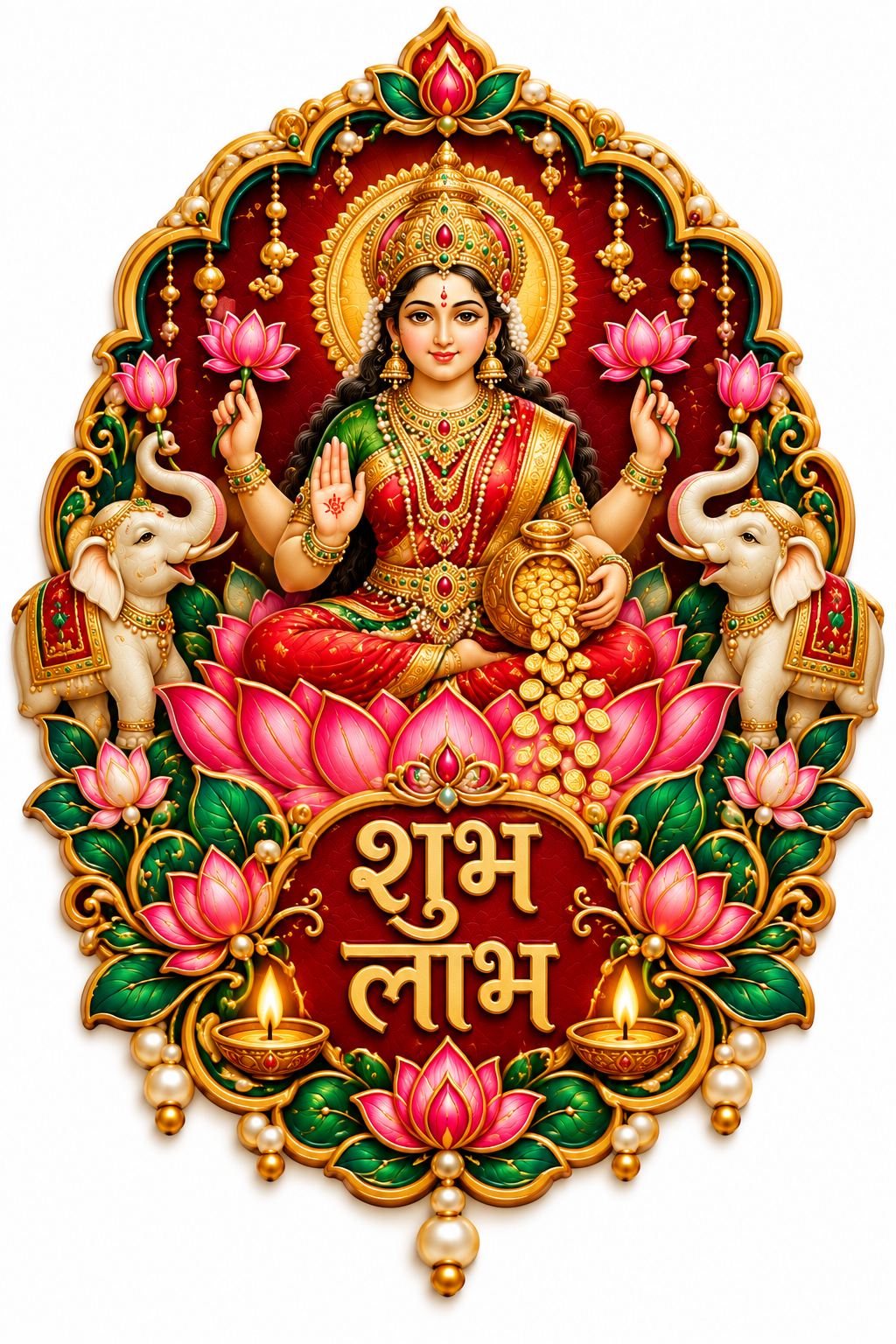 Goddess Lakshmi seated on a pink lotus with gold coins and two white elephants in a red and gold frame