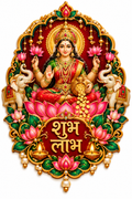Goddess Lakshmi seated on a pink lotus with gold coins and two white elephants in a red and gold frame
