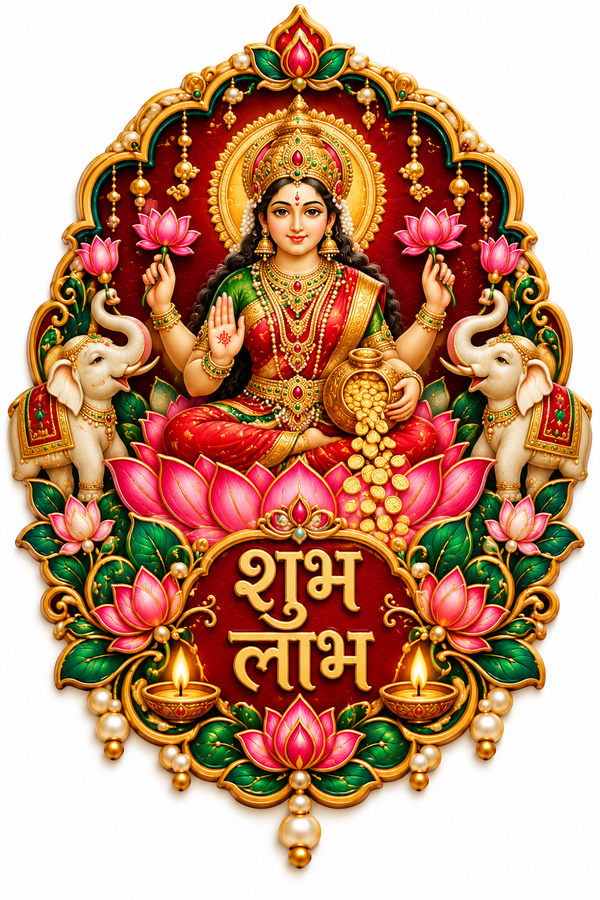 Goddess Lakshmi seated on a pink lotus with gold coins and two white elephants in a red and gold frame